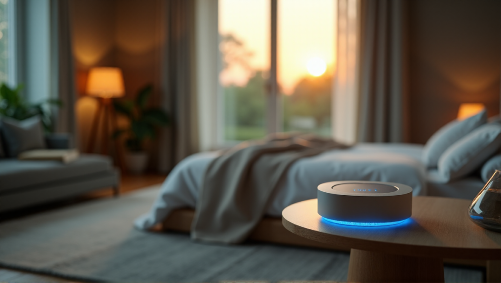 "A serene bedroom at dusk featuring a Zenon sleep technology device, surrounded by calming decor and soft natural light."