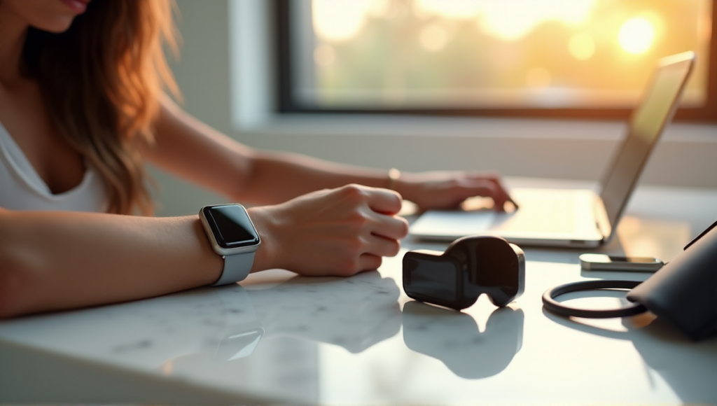 A person wearing a sleek silver smartwatch surrounded by health monitoring wearables in a modern bathroom, showcasing wellness tech and relaxation.