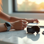 "Discover Top Health Monitoring Wearables That Keep Your Wellness in Focus" A person wearing a sleek silver smartwatch surrounded by health monitoring wearables in a modern bathroom, showcasing wellness tech and relaxation.