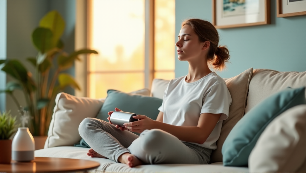 "A person sits calmly on a cream-colored couch in a serene living room with soft natural light, surrounded by wellness tech devices and calming decor."