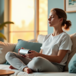 Zenon's Top Stress Relief Devices for a Calmer Mind "A person sits calmly on a cream-colored couch in a serene living room with soft natural light, surrounded by wellness tech devices and calming decor."