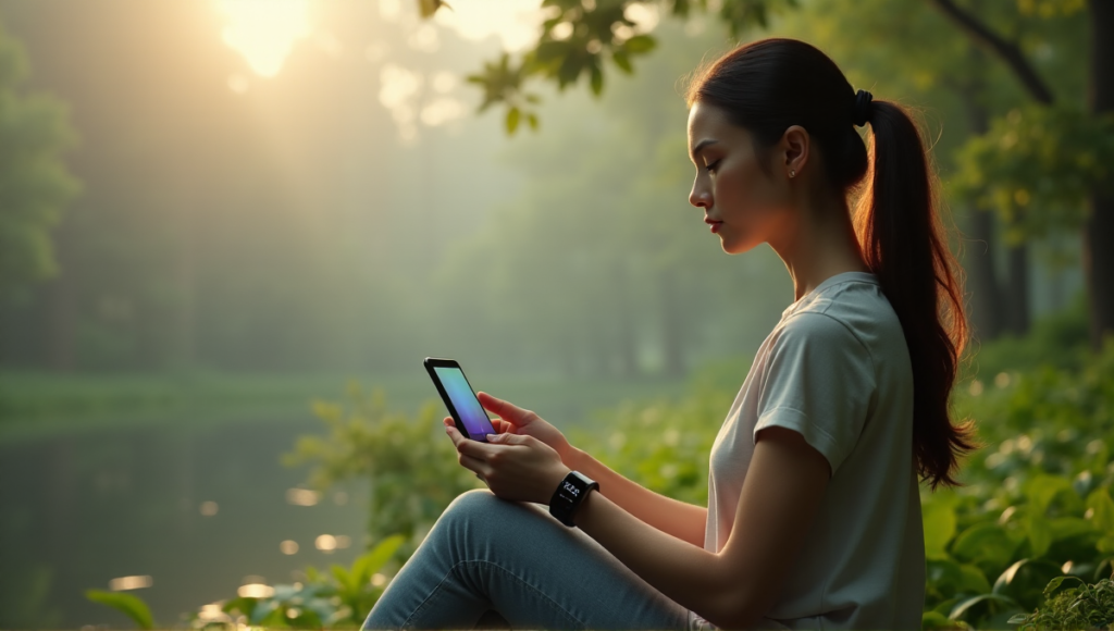"A serene woman sits on a natural stone bench amidst lush greenery, surrounded by soft blue light from her smartwatch and air quality monitor, breathing in harmony with nature."