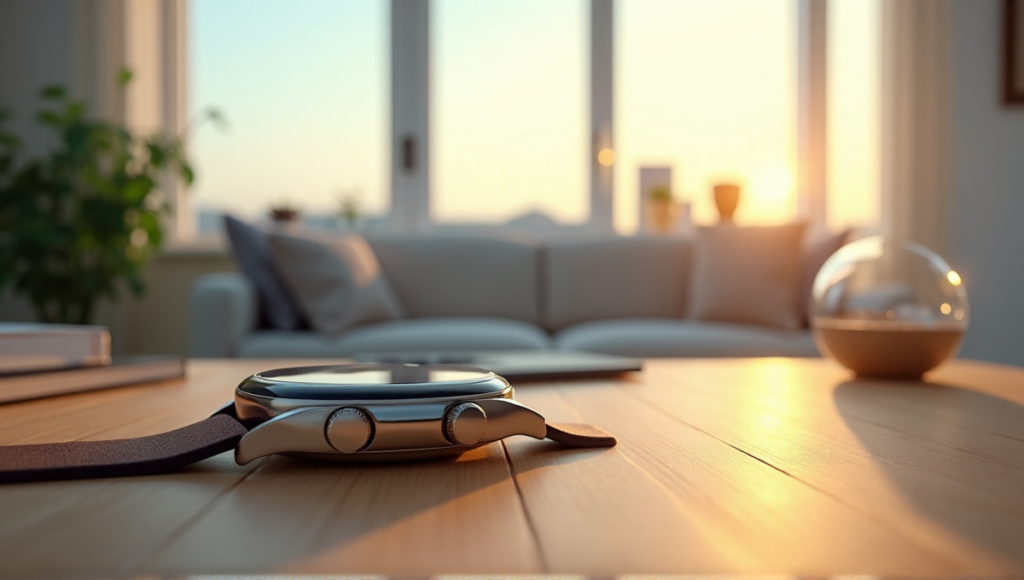 "A sleek smartwatch on a minimalist wooden desk in a modern living room with soft natural light, highlighting its metallic surface and wellness tech features."