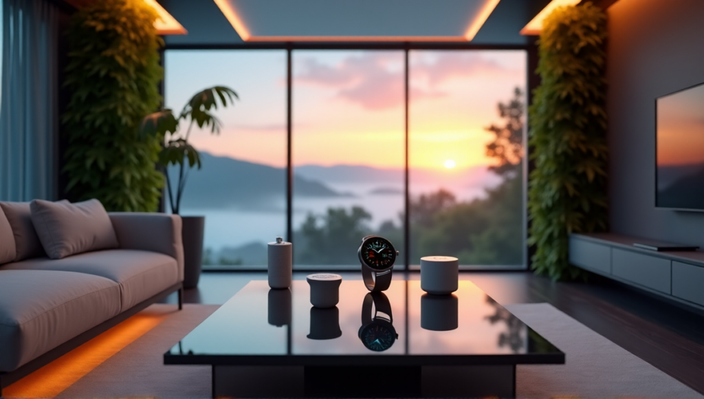 "A modern living room featuring cutting-edge wellness tech gadgets, lush greenery, and a serene morning landscape through a large window."