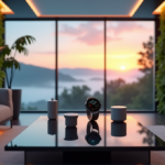 "Top Wellness Tech Innovations That Combine Convenience and Efficiency for a Smarter Life" "A modern living room featuring cutting-edge wellness tech gadgets, lush greenery, and a serene morning landscape through a large window."