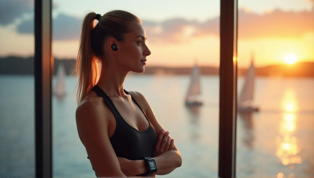 "A young woman stands confidently in front of a serene lake at sunrise, wearing a sleek black smartwatch and wireless earbuds, exuding serenity and determination."