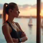 "Unlock Your Optimal Health with Advanced Wearable Tech: Top Health Monitoring Devices for Seamless Wellness" "A young woman stands confidently in front of a serene lake at sunrise, wearing a sleek black smartwatch and wireless earbuds, exuding serenity and determination."