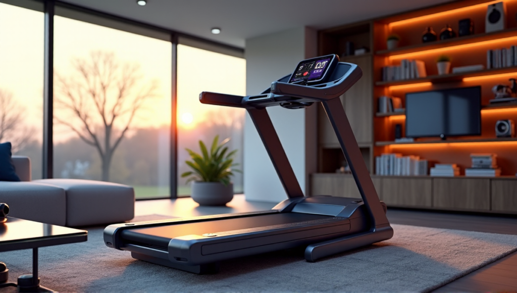 "A modern living room featuring a high-end smart treadmill, fitness tracker, dumbbells, and wellness books amidst serene natural light, showcasing cutting-edge wellness tech."