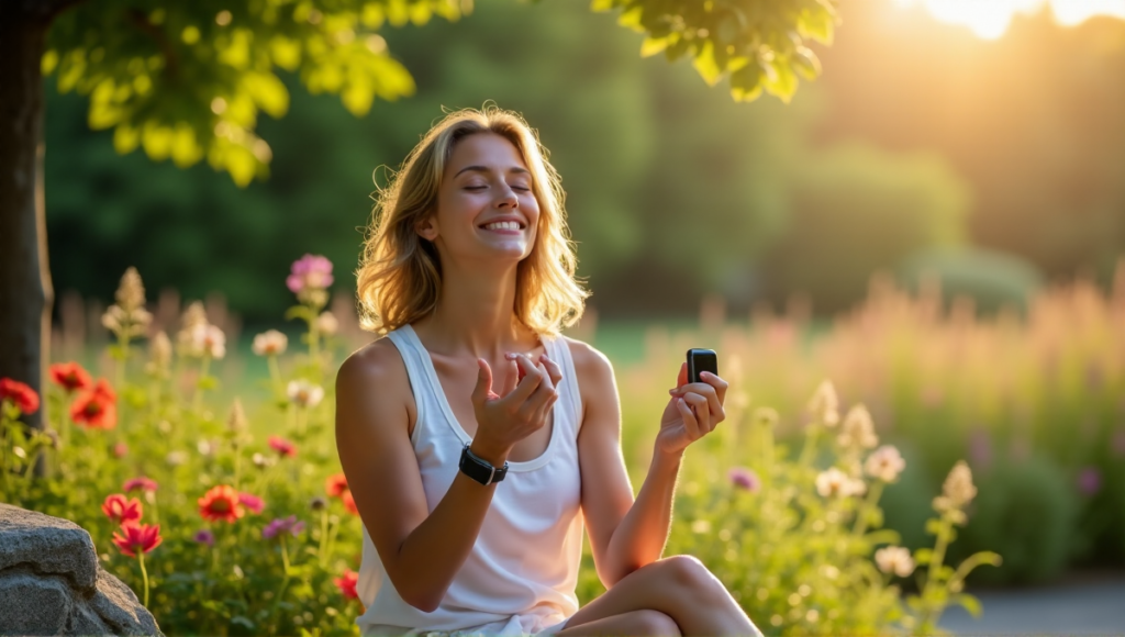 "A serene woman sits on a natural stone bench amidst lush greenery, holding an Apple Watch Series 8 and Fitbit Charge 6, surrounded by vibrant flowers in a peaceful summer morning scene."
