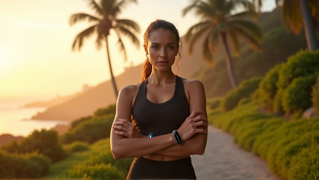 A young woman stands confidently on a coastal trail at sunrise, wearing sleek black sports attire and holding two high-tech activity trackers, embodying wellness tech and inner peace amidst lush greenery and palm trees.