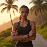 "Unlock Your Ultimate Fitness Potential with Zenon's Top Activity Trackers That Work as Hard as You Do - Achieve Better Health and Wellness Harmony with Smart Tech Solutions" A young woman stands confidently on a coastal trail at sunrise, wearing sleek black sports attire and holding two high-tech activity trackers, embodying wellness tech and inner peace amidst lush greenery and palm trees.