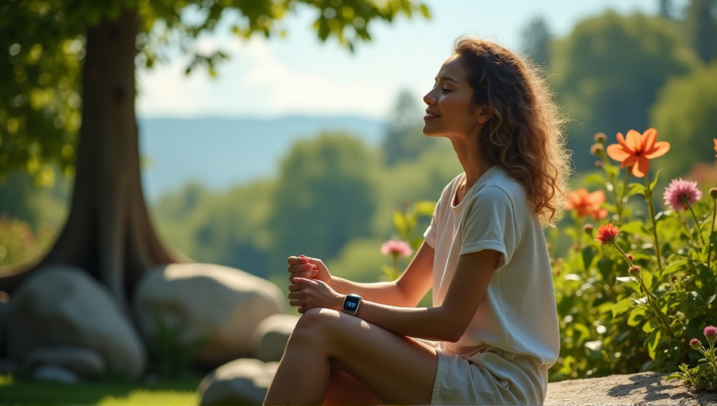 "A serene woman sits on a natural stone bench surrounded by lush greenery and vibrant flowers, wearing a sleek silver smartwatch with a glowing screen."