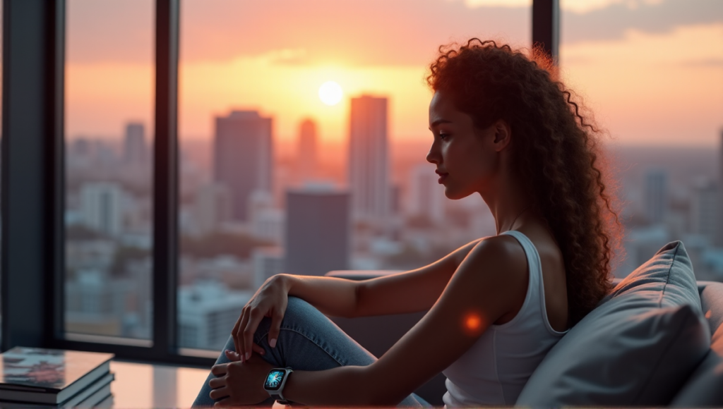 "A young woman sits on a modern couch in a high-tech living room with floor-to-ceiling windows overlooking a cityscape at sunset. She wears health monitoring wearables on her wrist and upper arm."