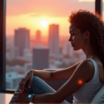 "Unlock Your Body's Secrets with Advanced Health Monitoring Wearables" "A young woman sits on a modern couch in a high-tech living room with floor-to-ceiling windows overlooking a cityscape at sunset. She wears health monitoring wearables on her wrist and upper arm."
