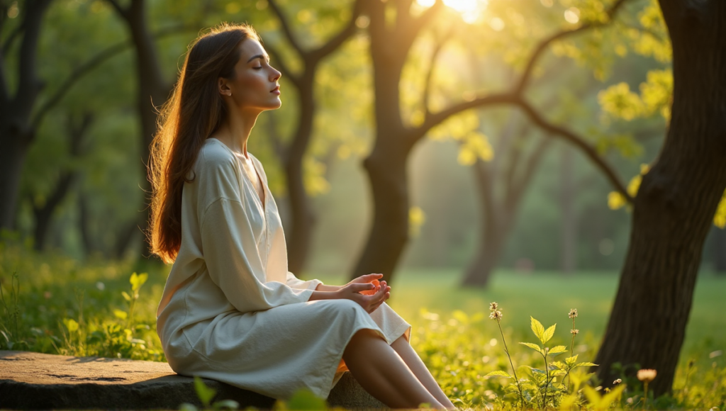 "A serene woman sits on a natural stone bench in a lush forest glade, surrounded by tall trees, embodying wellness through technology."