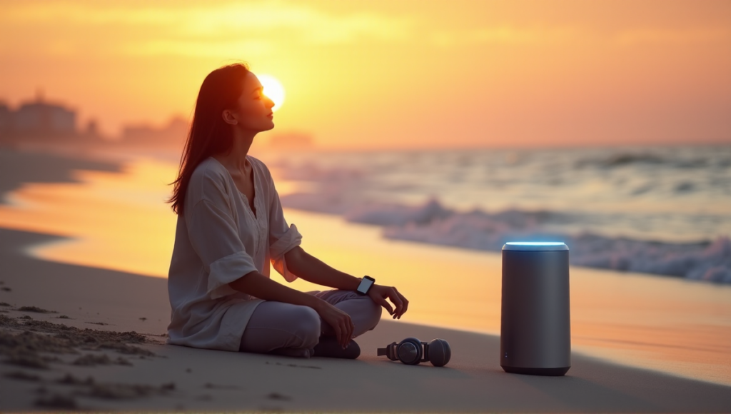 "A serene woman sits on a tranquil beach at sunset, surrounded by ocean waves, using wellness tech gadgets like an Apple Watch Series 8 and noise-cancelling headphones."