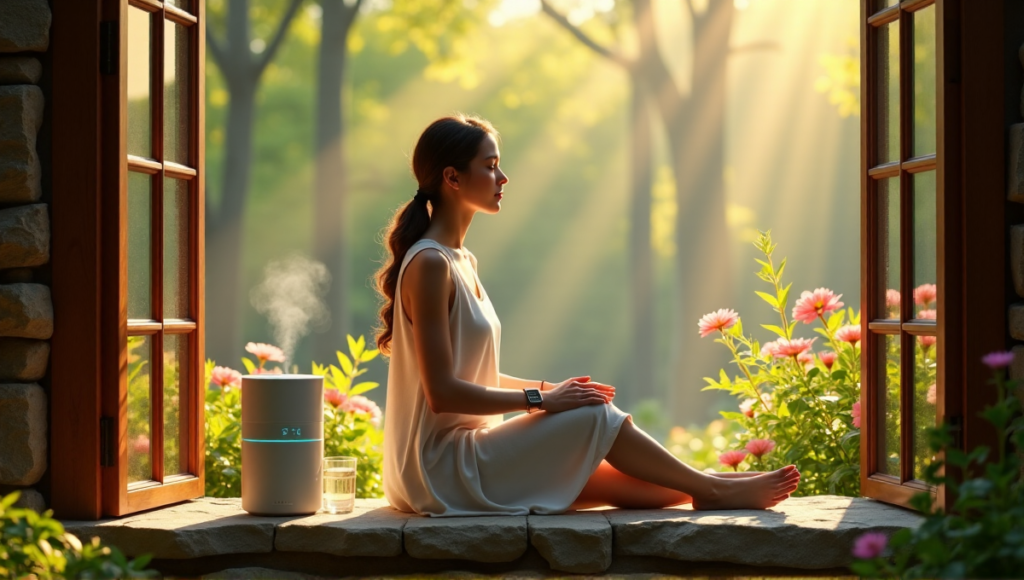 "A serene woman surrounded by lush greenery and vibrant flowers, incorporating wellness tech gadgets like a smartwatch, air purifier, and essential oil diffuser in a peaceful forest setting."