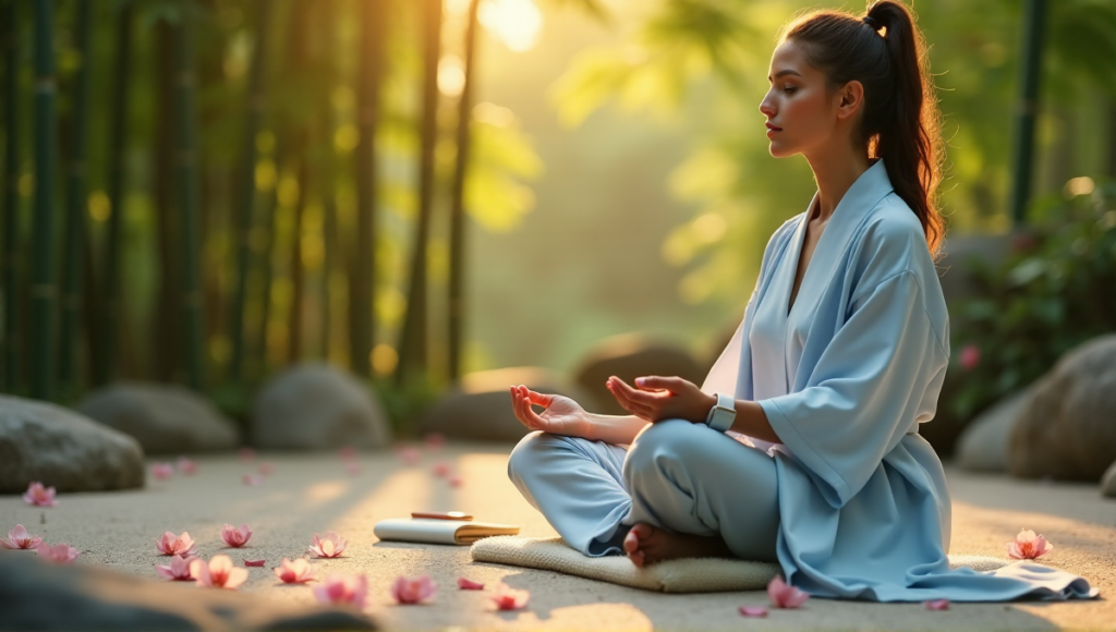 "A serene woman meditates in a Japanese garden with wellness tech nearby, surrounded by cherry blossoms and bamboo."