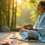 Transform Your Routine with Essential Mental Wellbeing Gadgets for a Calmer Mind "A serene woman meditates in a Japanese garden with wellness tech nearby, surrounded by cherry blossoms and bamboo."
