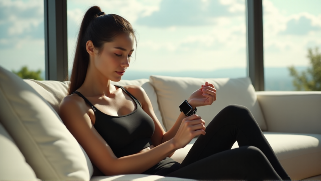"A woman in her mid-30s sits on a minimalist couch, wearing health monitoring wearables with visible sensors, using a smartwatch with ECG sensor, surrounded by a serene living room environment."