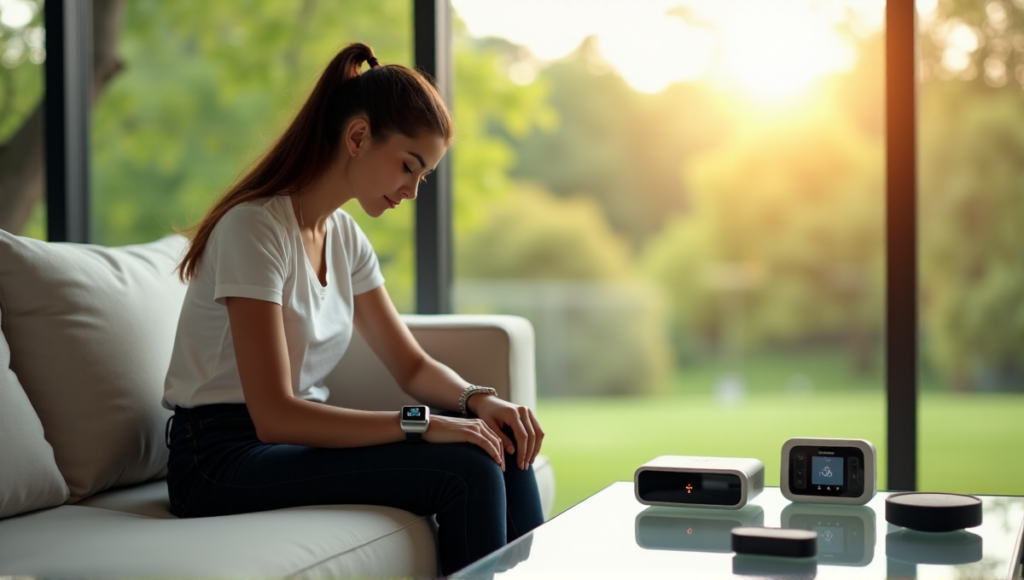 "A young woman sits on a minimalist couch, surrounded by health-monitoring devices, intently viewing her smartwatch's wellness data in a serene living room with a park view."