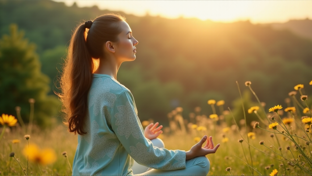 "A serene woman meditates on a hill overlooking a lush forest, surrounded by vibrant wildflowers in soft pastel light, embodying optimal wellness through balance and harmony."