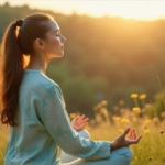 "A serene woman meditates on a hill overlooking a lush forest, surrounded by vibrant wildflowers in soft pastel light, embodying optimal wellness through balance and harmony."