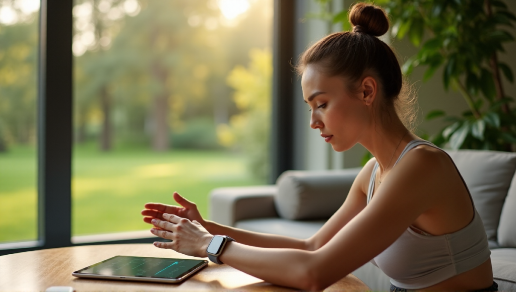 "A young woman sits on a minimalist bench in a modern living room, surrounded by wellness tech gadgets, focused on her fitness goals with calm determination."