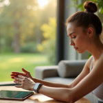 "Unlock a Smarter You with Smart Gadgets That Work as Hard as You Do: Explore Essential Health and Wellness Tech for a Balanced Life" "A young woman sits on a minimalist bench in a modern living room, surrounded by wellness tech gadgets, focused on her fitness goals with calm determination."