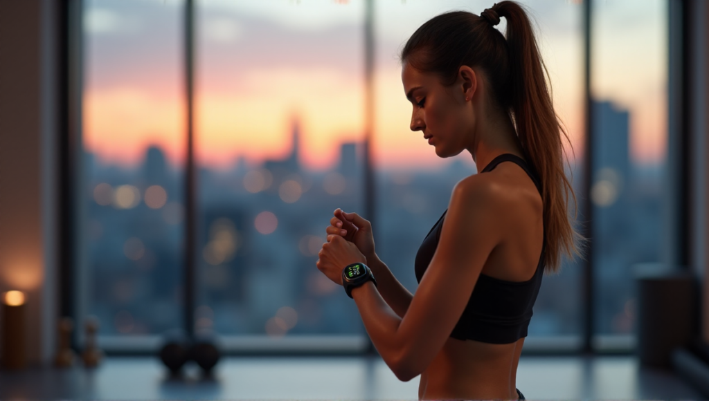 "A young woman stands in a minimalist studio, wearing a sleek black sports watch as she tracks her progress with determination and motivation."