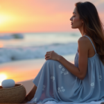 Discover Stress Relief Solutions Tailored to Your Needs and Boost Calmness with Best Stress Relief Devices "A serene woman sits on a beach at sunset, surrounded by ocean waves, with a portable aromatherapy diffuser beside her in a woven wicker basket."